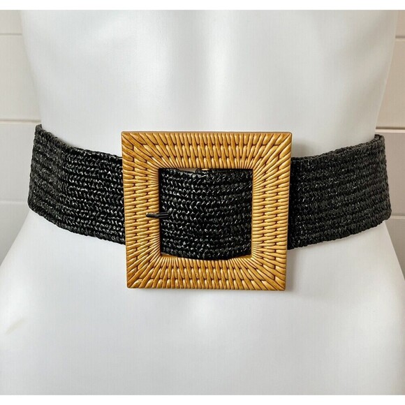 Square Wooden Buckle Straw Rattan Elastic Belt Womens One Size Brown/Black - Picture 6 of 13